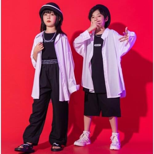 New Hip Hop Kids Performance Dance Costume White Shirt Loose Long Sleeves Jazz Drum Concert Stage Outfits Rave Clothes BL6728