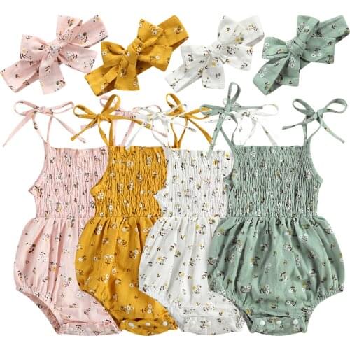 Citgeett Summer Infant Baby Girls Romper Headband Floral Print Sleeveless Spaghetti Strap Bodysuit+ Hair Band 0-24Months