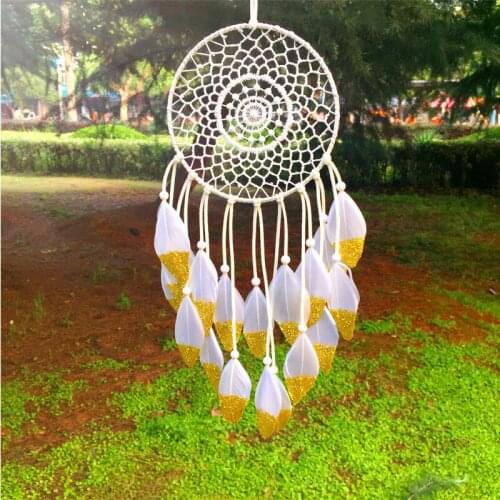 Dream Catcher Home Decor, gold white Feather Dreamcatcher Wind Chimes Indian Style Religious Mascot Car or Wall Decoration