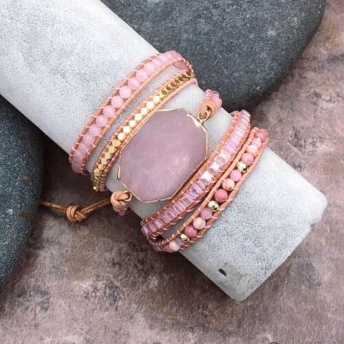 Bohemian retro pink bracelet mixed and matched pink crystal rough stone multi-layer bracelet