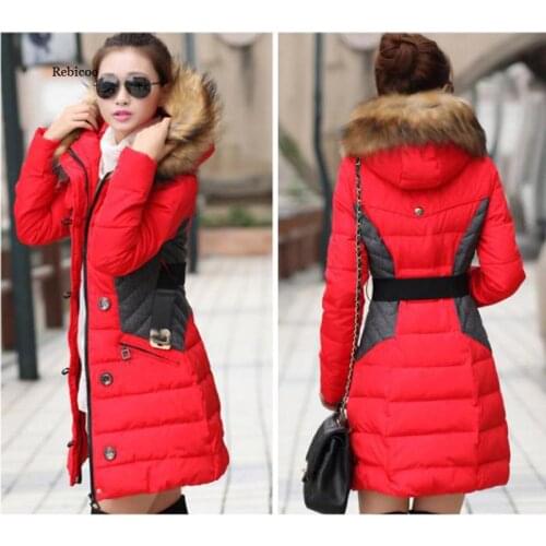 Fashion Clothing Fur Hooded Zipper Long Style Women Warm Coat Winter Parkas Coat Patchwork Belt Slim Parka Thick Warm Snow Wear