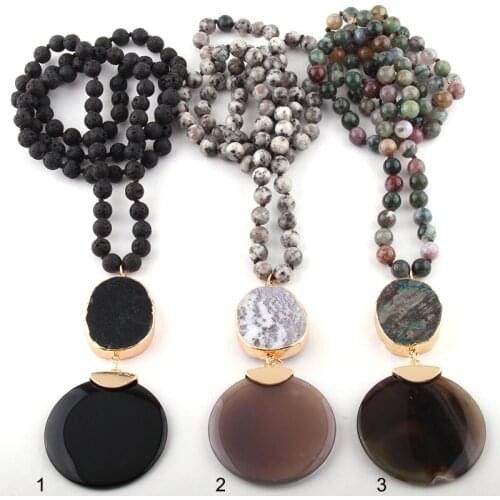 Fashion Bohemian Jewelry Semi Precious Stones Long Knotted Stone Links Round Agat Necklaces For Women Ethnic Necklace