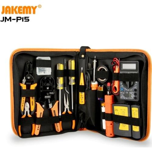 JAKEMY JM-P15 Original 17 In 1 Electrician Network Screwdriver DIY Repair Tool Set Soldering Iron Pliers Tweezers LAN Tester Kit