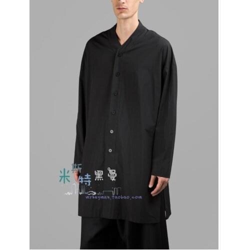 New Men Spring And Summer Collarless Long Shirt Side Fork Design Placketing Shirt Singer Hairstylist Personality Costumes S-5xl