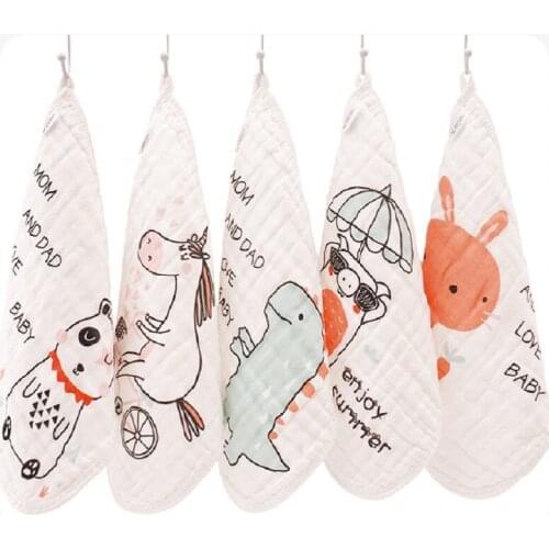 New Arrival Cartoon Picture 5PC/LOT Soft Washed Muslin Cotton Handkerchief Towel Newborn Children Face Towel Square Baby Bibs