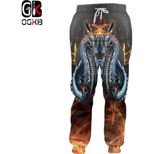 OGKB Fall Winter Loose Long Pants Mens Cool Print Fire Dragon 3D Sweatpants Animal Harem Joggers Pants Hiphop Streetwear Homme