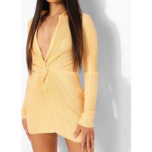 Summer Sexy Dress Women Fashion Long Sleeves Party Club Dresses Mini Wrap Turndown Collar Deep V-Neck Solid Color Elegant New