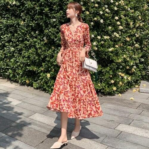 Women Korea Geometri Printed Dresses Female Long Sleeve V-neck Chiffon Dresses Autumn Winter Elegant Long Dresses Mujer Vestidos