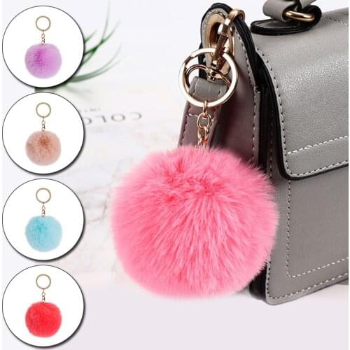 Fluffy Fur Pom Pom Keychain Solid Color Soft Faux Fur Ball Key Chain Women Bag Hanging Pendant Key holder Keyring Accessories