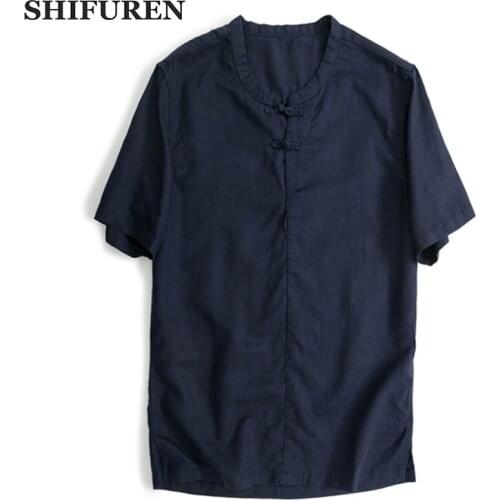 SHIFUREN New Summer Traditional Chinese Shirts Men Short Sleeve Kung Fu Tang Mens Linen & Cotton Shirts Breathable Loose Fit