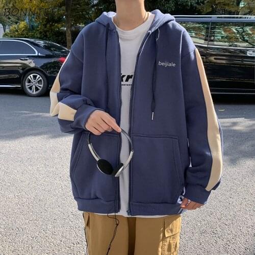 With Hat Sweatshirts Men Patchwork Big Pockets Letter Preppy Students Autumn Hoodies Thicken Warm Cozy Korean Style All-match