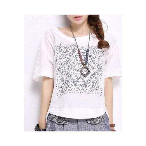 New printing loose linen cotton shirts short sleeves women shirts printing tops