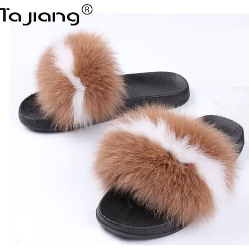 Ta Jang Fashion Women Fluffy Slippers Real Fox Fur Non-slip Plush Beach Shoes Summer Sandals TJ-21001
