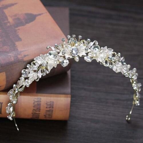 Gold/Silver Color Rhinestone Crowns Bling Crystal Pearls Headbands Tiaras for Women Girls Bride Wedding Headdress Decor Jewelry