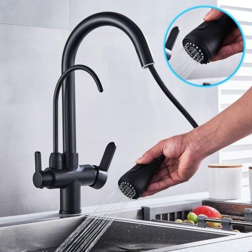 YOOAP Golden Kitchen Tap Pull-Down Purified Water Faucet 360 Rotation Double Handles Single Hole Cold and Hot Water Mixer