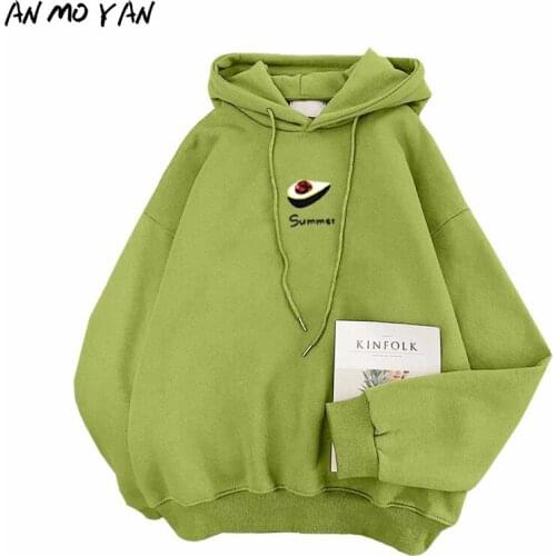 Green Hoodie Plus Velvet Fruit Letter Embroidery Harajuku Autumn And Winter New Korean Loose Womens Sweatshirt Top
