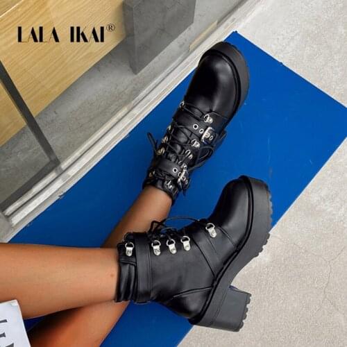 LALA IKAI Womens Boots Autumn Winter 2020 New High Heels Round Toe Womens Shoes Lace-up Sheepskin Ankle Boots botas de mujer