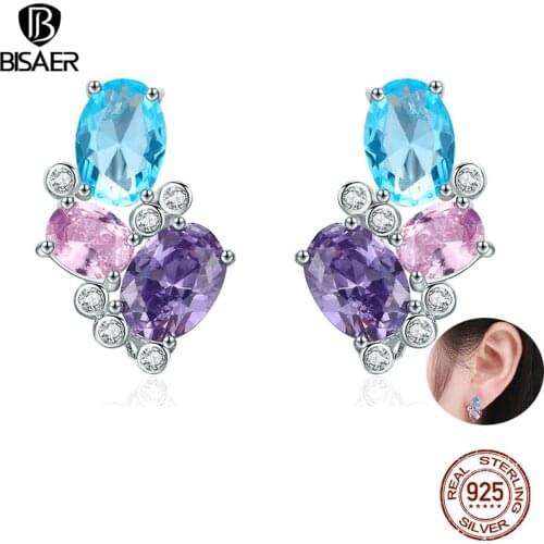 BISAER Authentic 925 Sterling Silver Geometric Stud Earrings Simple Geometric Earrings Stud Women Sterling Silver Jewelry ECE579