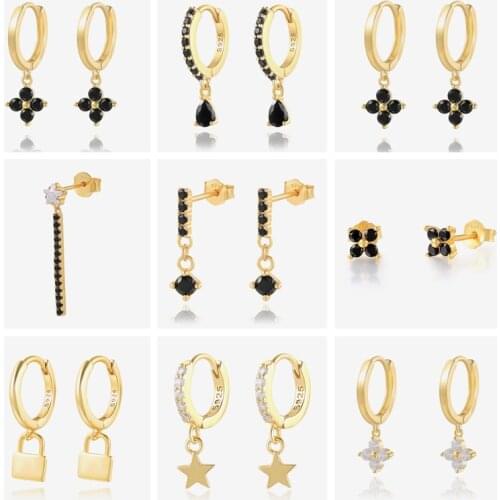 Viny 2021 Trend Black Color Zircon Star Clover Lock Earrings For Women 925 Sterling Silver Earrings Hoops Pendientes Jewelry