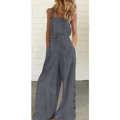 2021 New Fashion Womens Clothing Solid Color Sleeveless Side Pocket Casual Loose Wide Leg Side Buckle Sling Jumpsuit Overalls