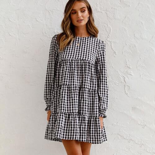 Women Plaid Loose Mini Dress 2021 Autumn Casual Fashion Long Sleeve O-Neck Big Hem Dresses Woman Elegant Ruffles Short Dresses