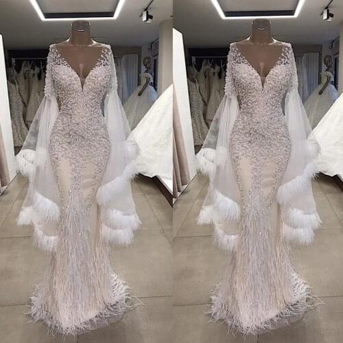New Mermaid Beading Wedding Dresses Women Luxury Flare Long Sleeve Bridal Gowns Ostrich Feather Plunging V Neck robes de mariée