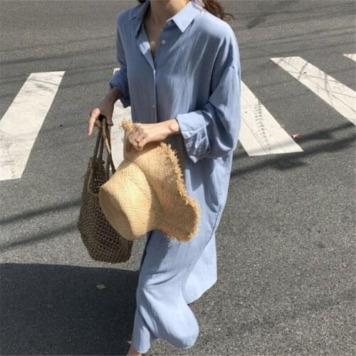 Solid Korea Fashion Thin Loose Look Thin Dress Women Minimalism Long-sleeve Lapel Bottoming Casual All-match Student Dresses
