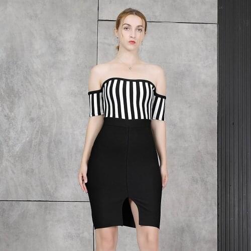 2021 New Arrival Summer Off Shoulder Elegant Bodycon Bandage Dress Women Sexy Club Celebrity Party Dresses