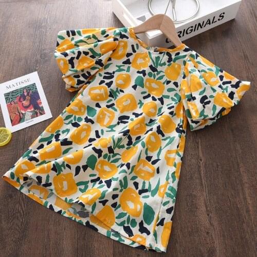 27Kids Girls Dress Summer Print Big Yellow Flowers Short Sleeve Dress For Girls Clothes and Breathable 3-7Years