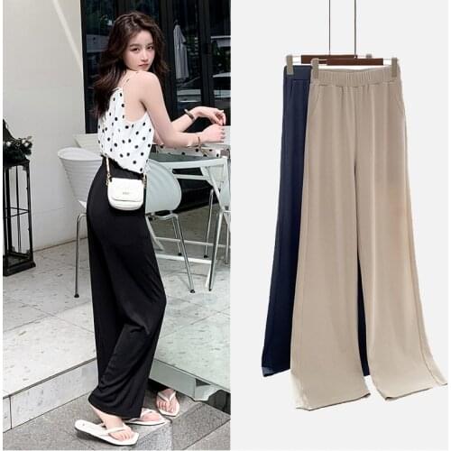 Khaki Women High Waisted Trousers Slacks Womens Loose Summer Pants Soft Ice Silk Ankle-Length Black Wide Leg Pants Grey