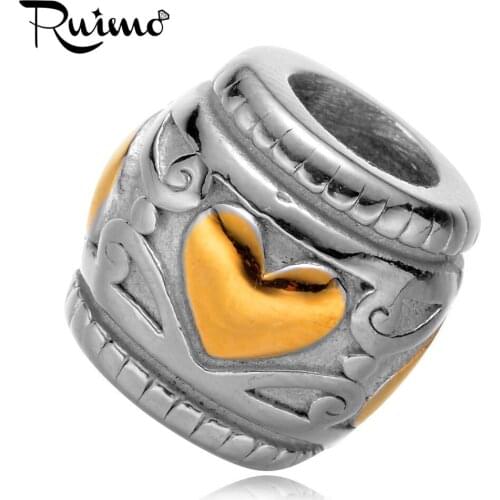 RUIMO 316l Stainless Steel Heart Beads European Big Hole Charm Beads For Women Charm Bracelet Jewelry Making Accessories 5pcs