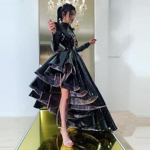 Black Leather High Neck A-line Evening Dresses Long Sleeves Crystals Prom Gowns High Low Asymmetry Custom Made Pageant Dress