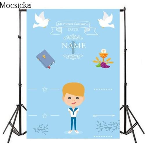 Mocsicka Background For Photography Studio Blue Flower Boy My First Holy Communion Reception Bible Backdrop Photophone Photocall