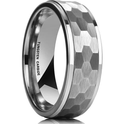 8MM Mens Silvery Hammered Tungsten Carbide Ring With Polished Stepped Edges Multi-Faceted Men Engagement Ring Anniversary Gifts