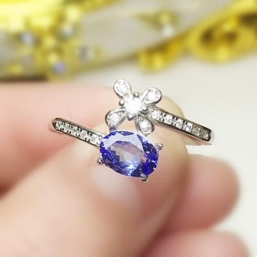 Natural real tanzanite flower ring Per jewelry Free shipping 5*7mm 0.9ct gemstone 925 sterling silver Fine jewelry T207163