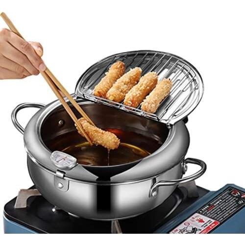 Kitchen Stainless Steel Deep Frying Pot Thermometre Tempura Fryer Pan Sets Temperature Control Fried Chicken Pot Cooking Tools