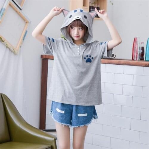 Summer t shirt Women Harajuku tshirt Anime Kawaii Cat T-Shirt Neko Atsume Tops Cotton School Clothes Mori Girl Anime Hooded Tees
