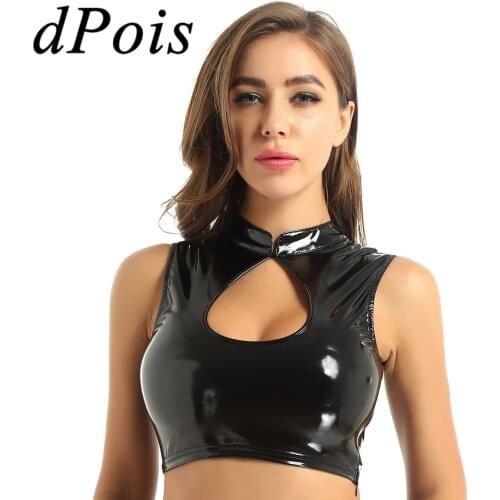 Sexy Womens Wet Look Patent Leather Tanks Tops Mock Neck Sleeveless Front Keyhole Cut Out Vest Crop Top Tank for Party Clubwear