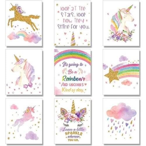 Cute Nursery Wall Art Poster Colorful Rainbow Painting Unicorn Canvas Prints Nordic Wall Pictures Baby Girls Room Bedroom Decor