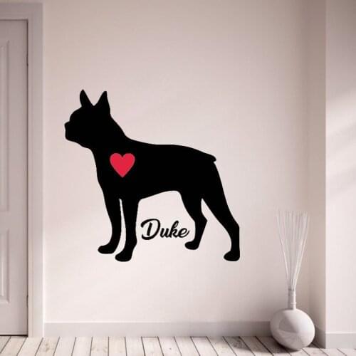 Boston Terrier Wall Decal Personalized Custom Your Dogs Name Vinyl Wall Stickers Pet Dog With Red Heart Mural Home Decor M912