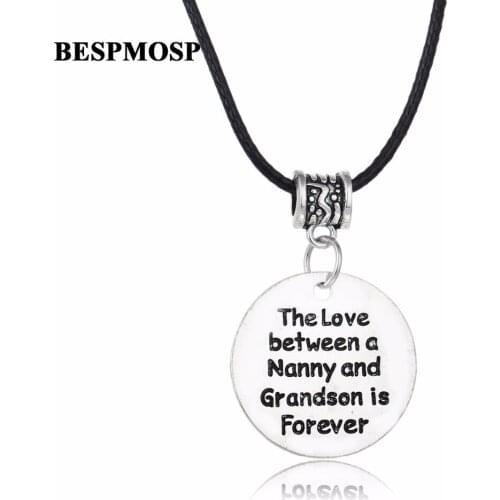 Bespmosp 24PC/Lot Wholesale"The Love Between A Nanny And Grandson is Forever"Love Pendant Necklace Family Jewelry Leather Charm