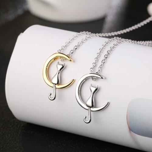 Simple Moon Cat Pendant Necklace for Women Silvery/Gold color Jewelry Girl Gifts Dropshipping Wholesale