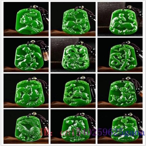Chinese Zodiac Jade Pendant Amulet Green Jadeite Fashion Gifts Carved Men Charm Chinese Necklace Natural Jewelry Women