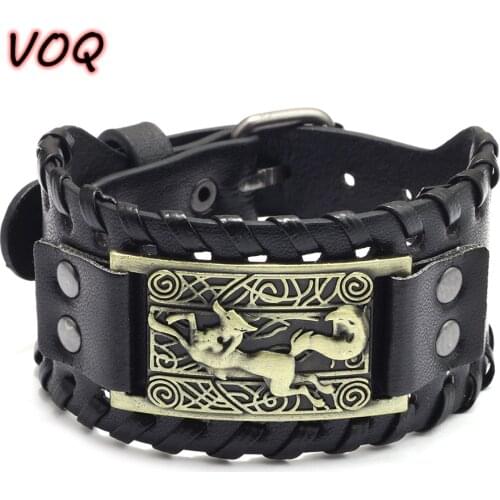 Vintage Steed Horse Totem Charm Wristbands Adjustable Braided Wide Leather Bracelet Men Cuff Bangle Viking Jewelry