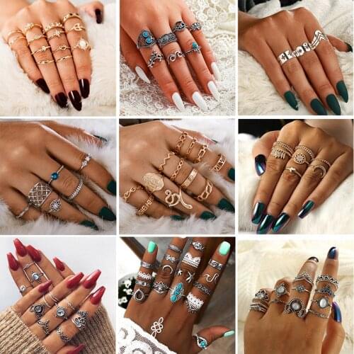 HuaTang Vintage Crystal Gold Color Snake Rings Set Carving Geometric Crown Heart Moon Opal Knuckle Rings Finger Jewelry Anillos