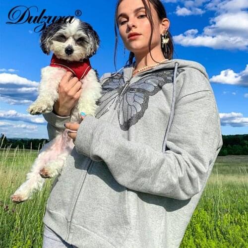 Dulzura Diamond Butterfly Women Gray Hoodie Jacket Zip Long Sleeve Loose Oversized Streetwear 2020 Autumn Winter Outwear Casual