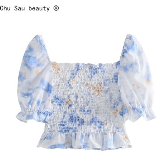 2021 Summer Vintage Tie-Dye Square Collar Short Puff Sleeve T-Shirt Elastic Waist Folds Sexy Shirt Women Fashion