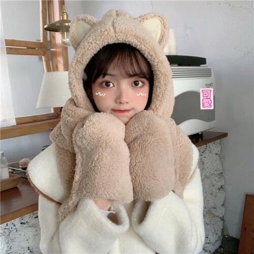 Women Fluffy Plush Warm 3 In 1 Hooded Scarf Hat Gloves Set Cartoon Cat Ears Winter Windproof Earflap Cap Pocket Mittens
