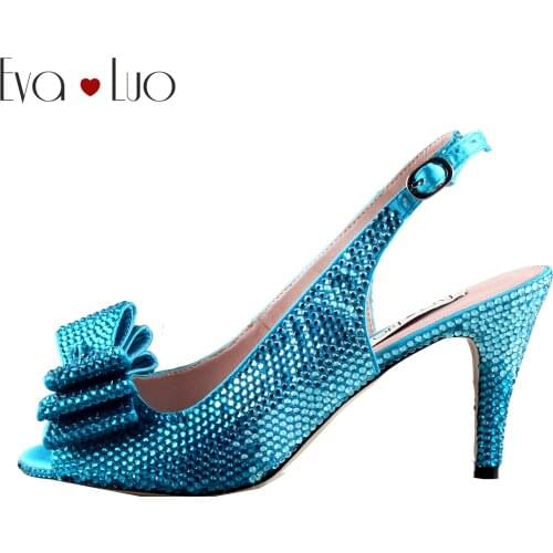 CHS1075 DHL Custom Made Turquoise Blu Crystal Bow Slingbacks Women Shoes High Heels Dress Pumps Bridal Wedding Shoes