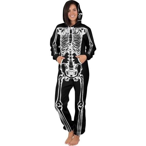 2021 Autumn Winter Women Hooded Jumpsuit Skeleton Digital Printing Long Sleeve Casual Loose Fleece Romper